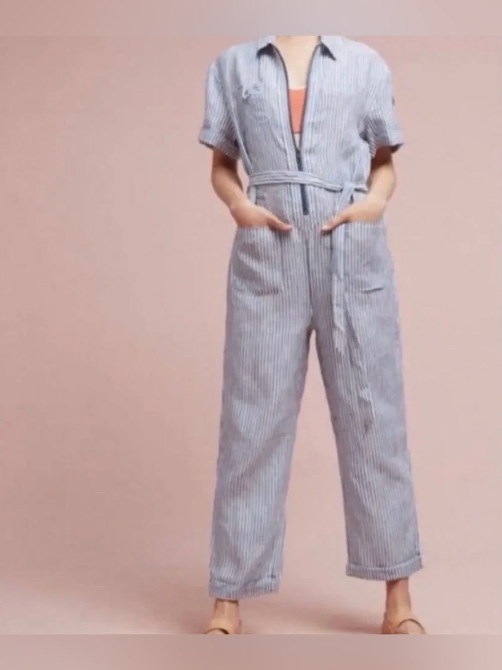 Anthropologie Cartonnier Linen Striped Blue Utility Jumpsuit - small petite